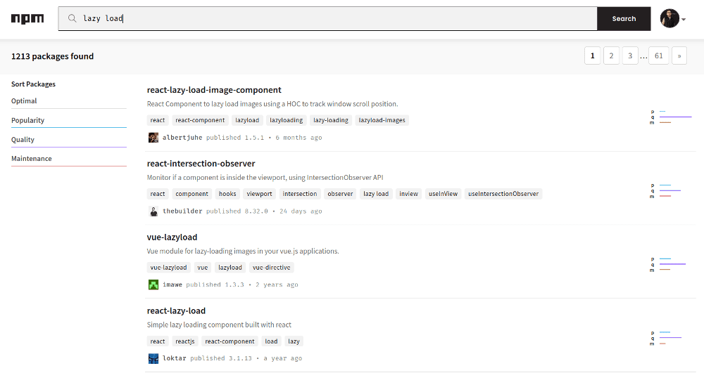 NPM search result