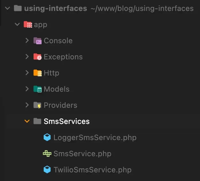 Screenshot of the SmsServices directory in PHPStorm finder