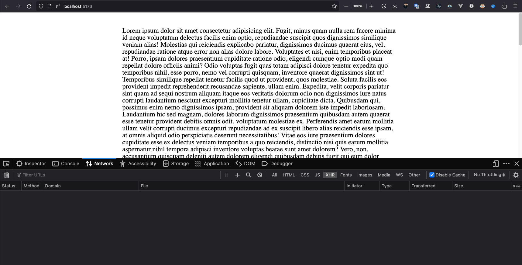 HTML page with long column of text and opened Firefox dev tools
