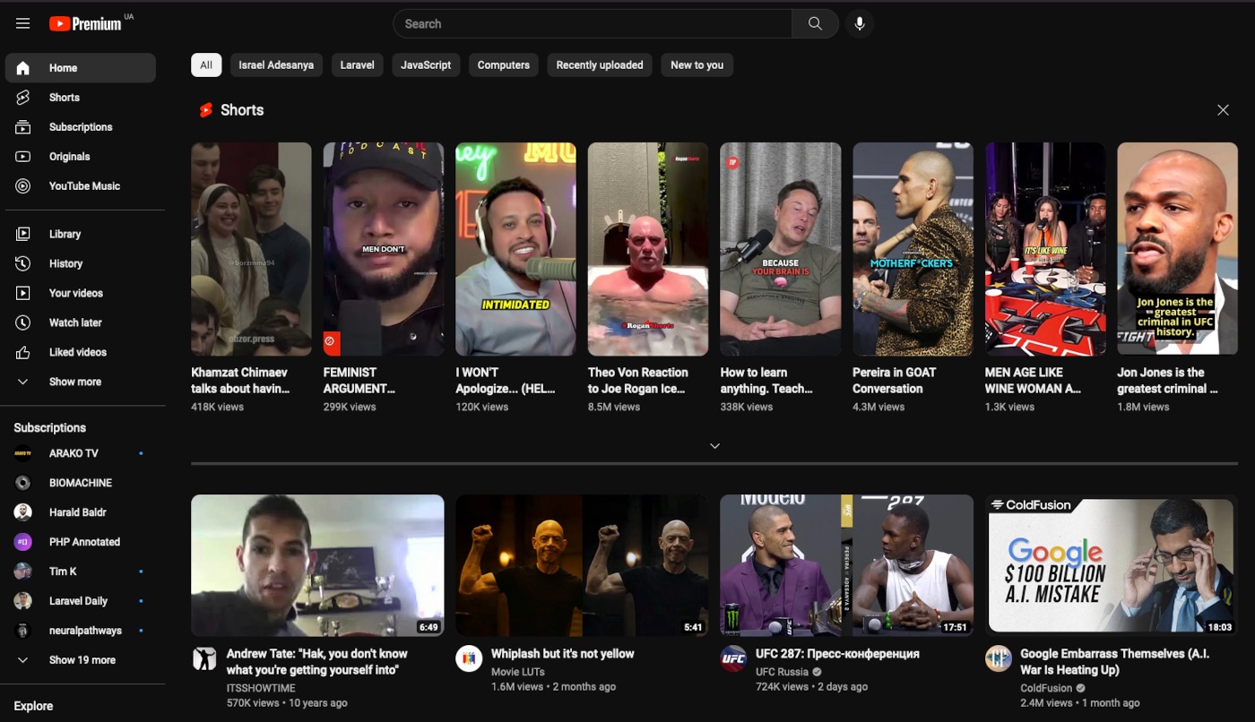 YouTube's recommendations page