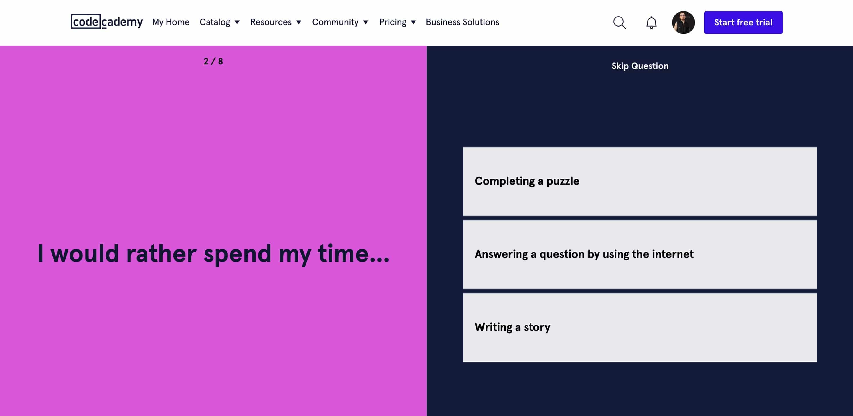 Codecademy quiz interface