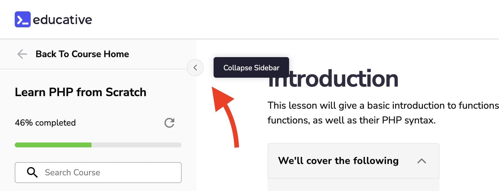 Educative hide sidebar button