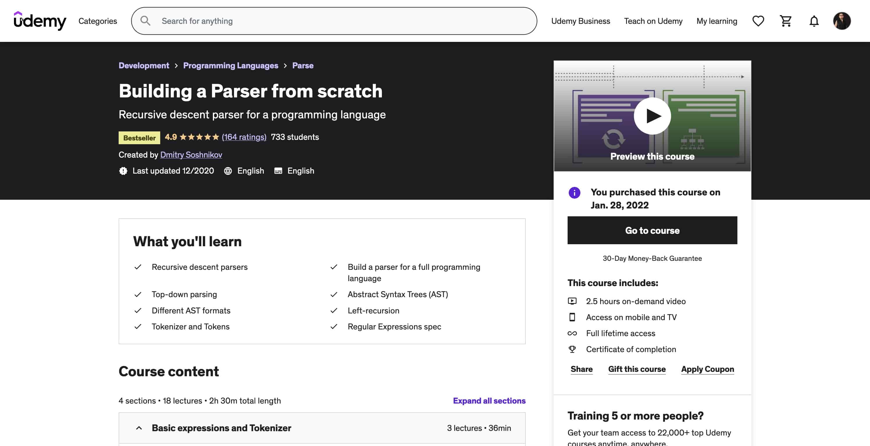 Udemy's interface for a cource page