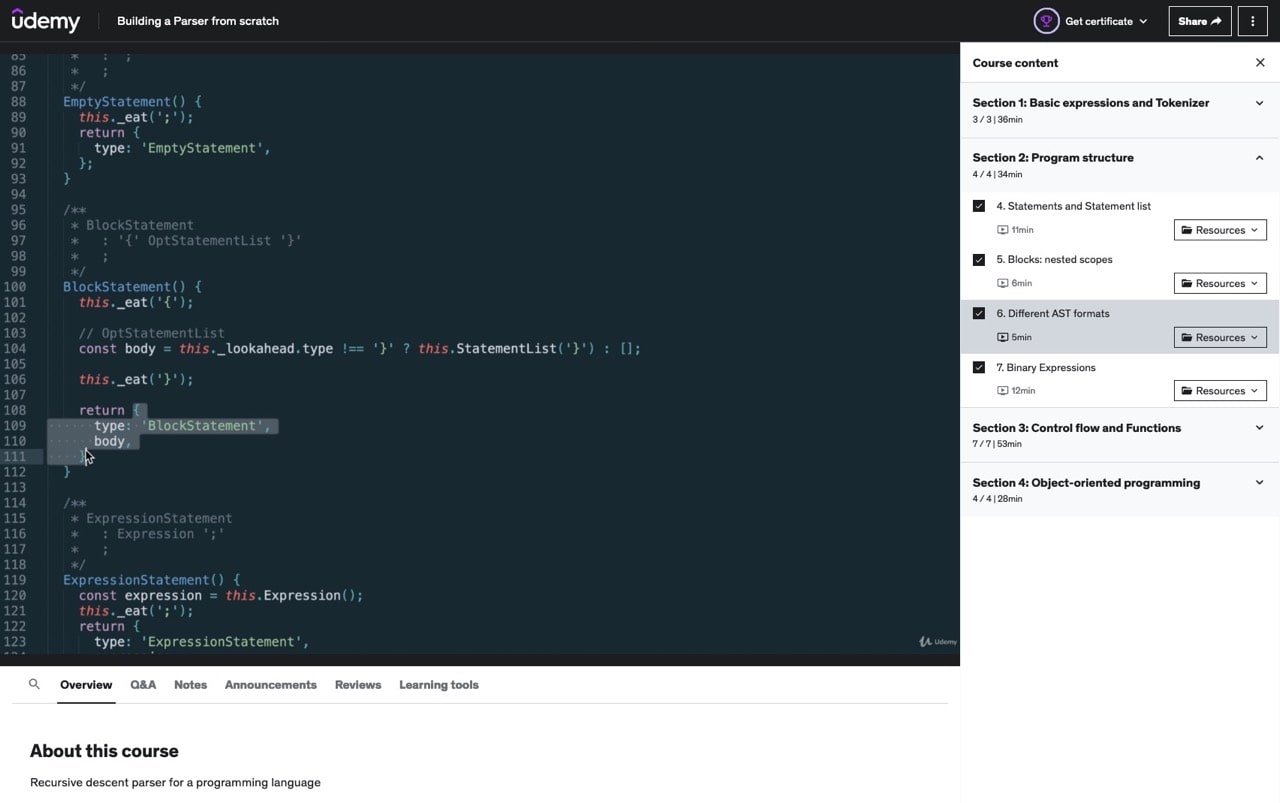 Udemy interface for a lesson's page