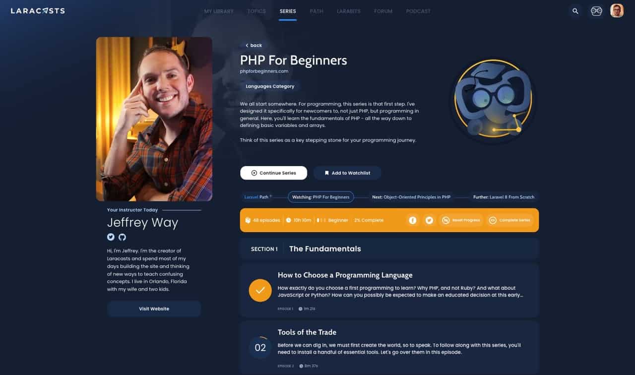 PHP For Beginners cource's page on Laracasts