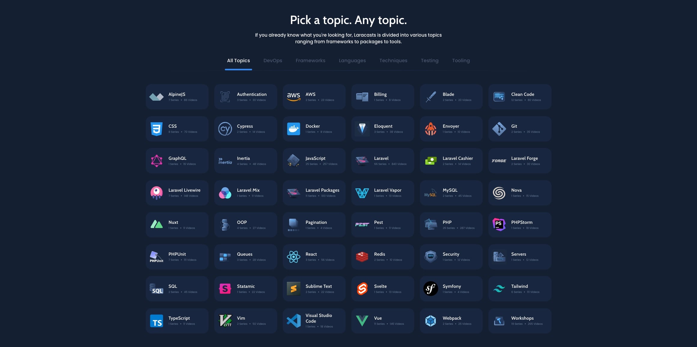 Laracasts' topics section on main page (home page)
