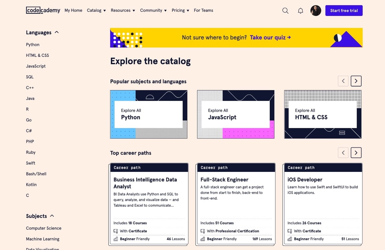 The list of cources on Codecademy
