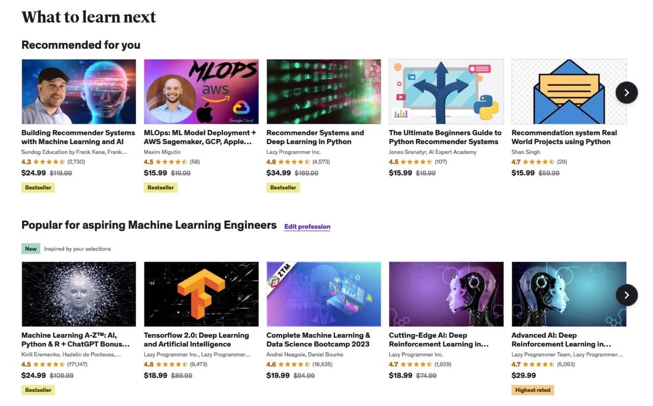 Udemy's suggestions on the main page
