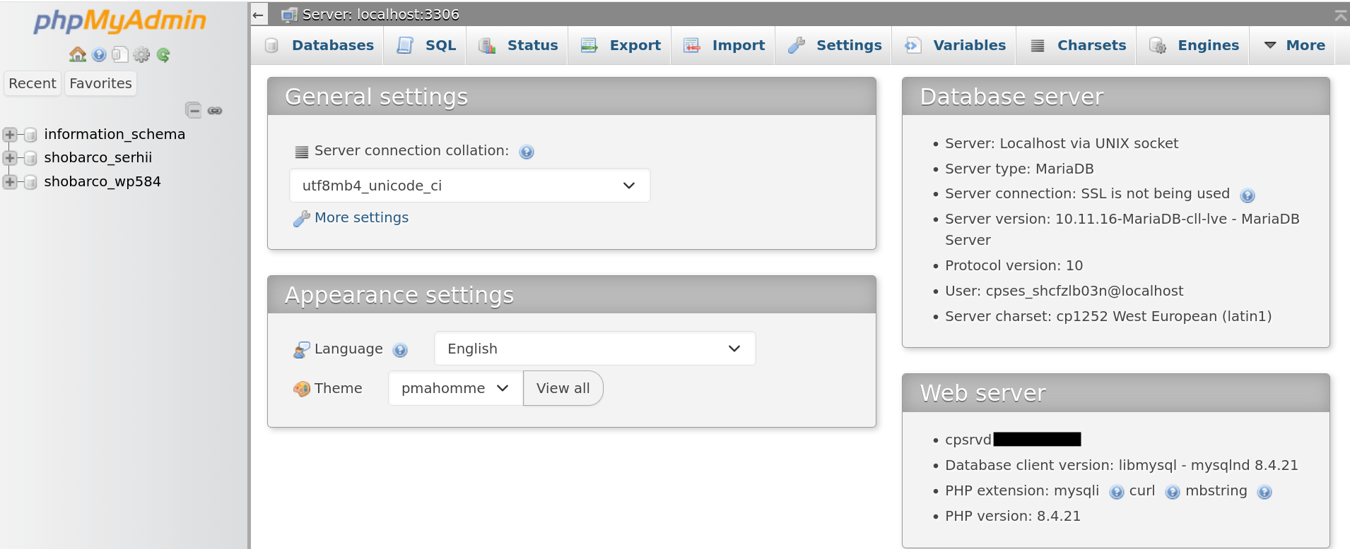 phpMyAdmin panel example