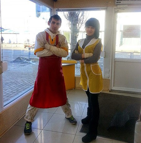 Tanya and I, posing like we own the place. Early morning. We just opened the shop