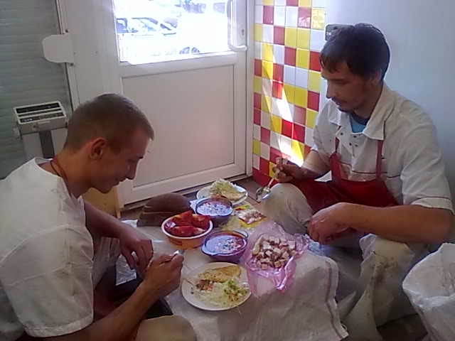 Roman and I are having a lunch break in the workshop