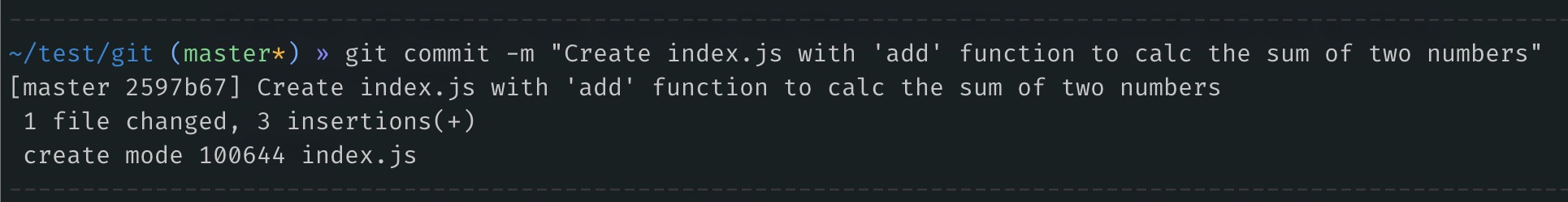 "git commit" output. It says: 1 file changed, 3 insertions(+)