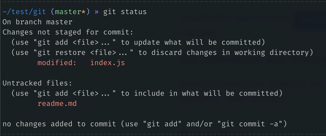 "git status" command output with modified index.js file and untracked readme.md file