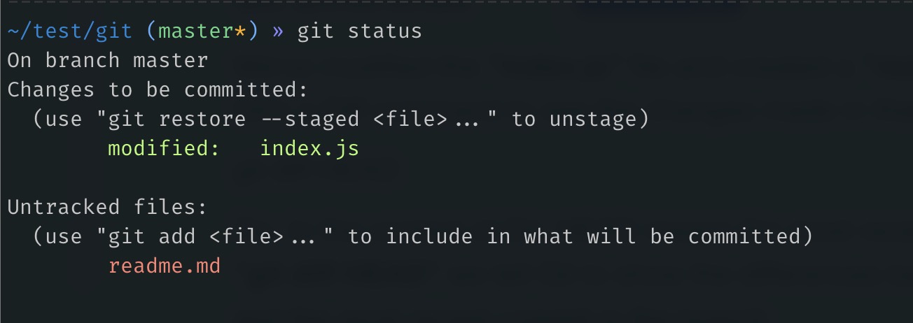 "git status" command output. It shows that we modified index.js file and readme.md is untracked