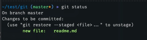 "git status" command output that shows a new staged "readme.md" file