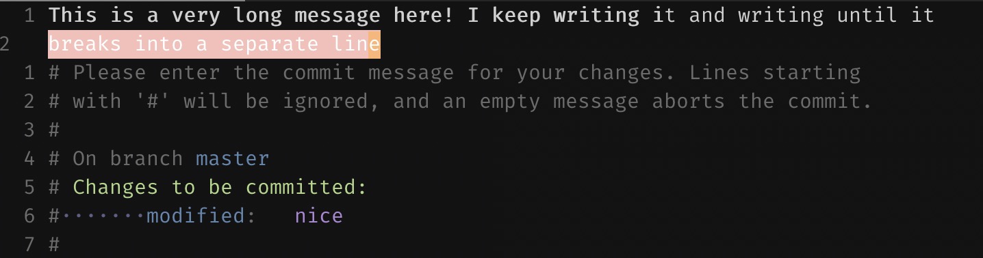 "git commit" multiline mode with Vim. Long commit message is displayed that exceeds 72 characters limit