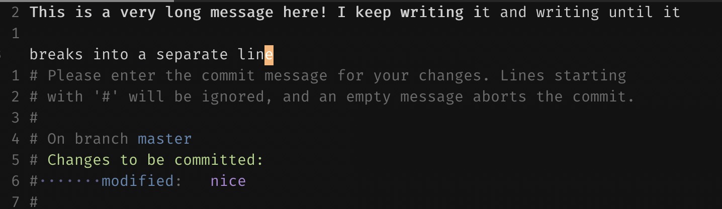 "git commit" multiline mode with Vim. Long commit message is displayed that separated on 2 liens