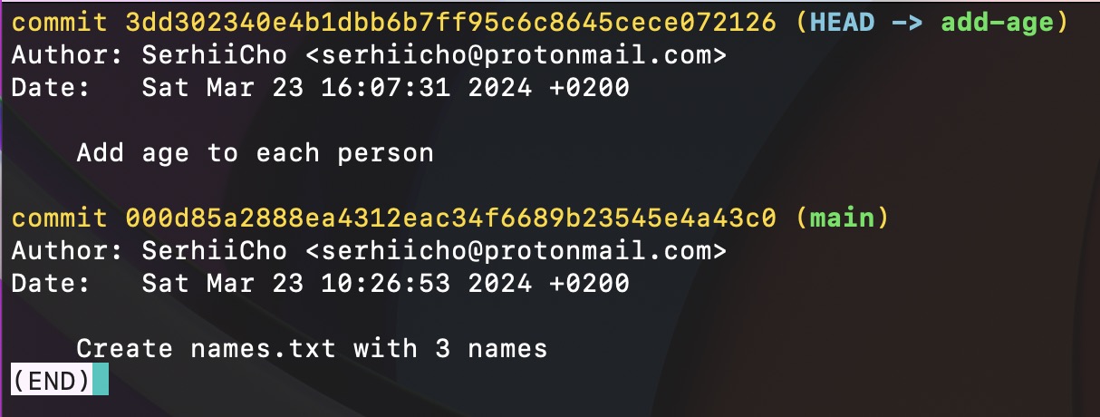 Git log output with 2 commits