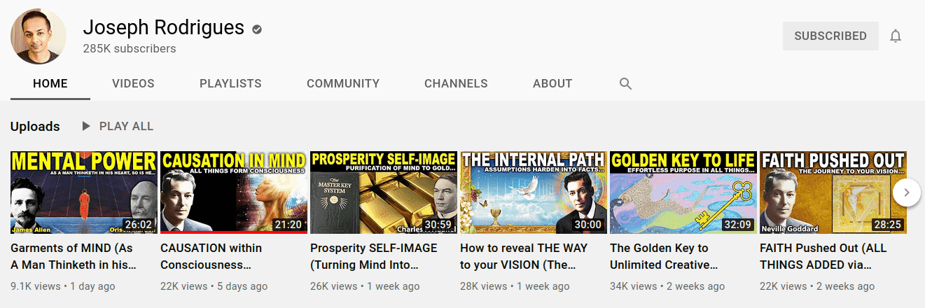 Screenshot of the Joseph Rodrigues YouTube channel