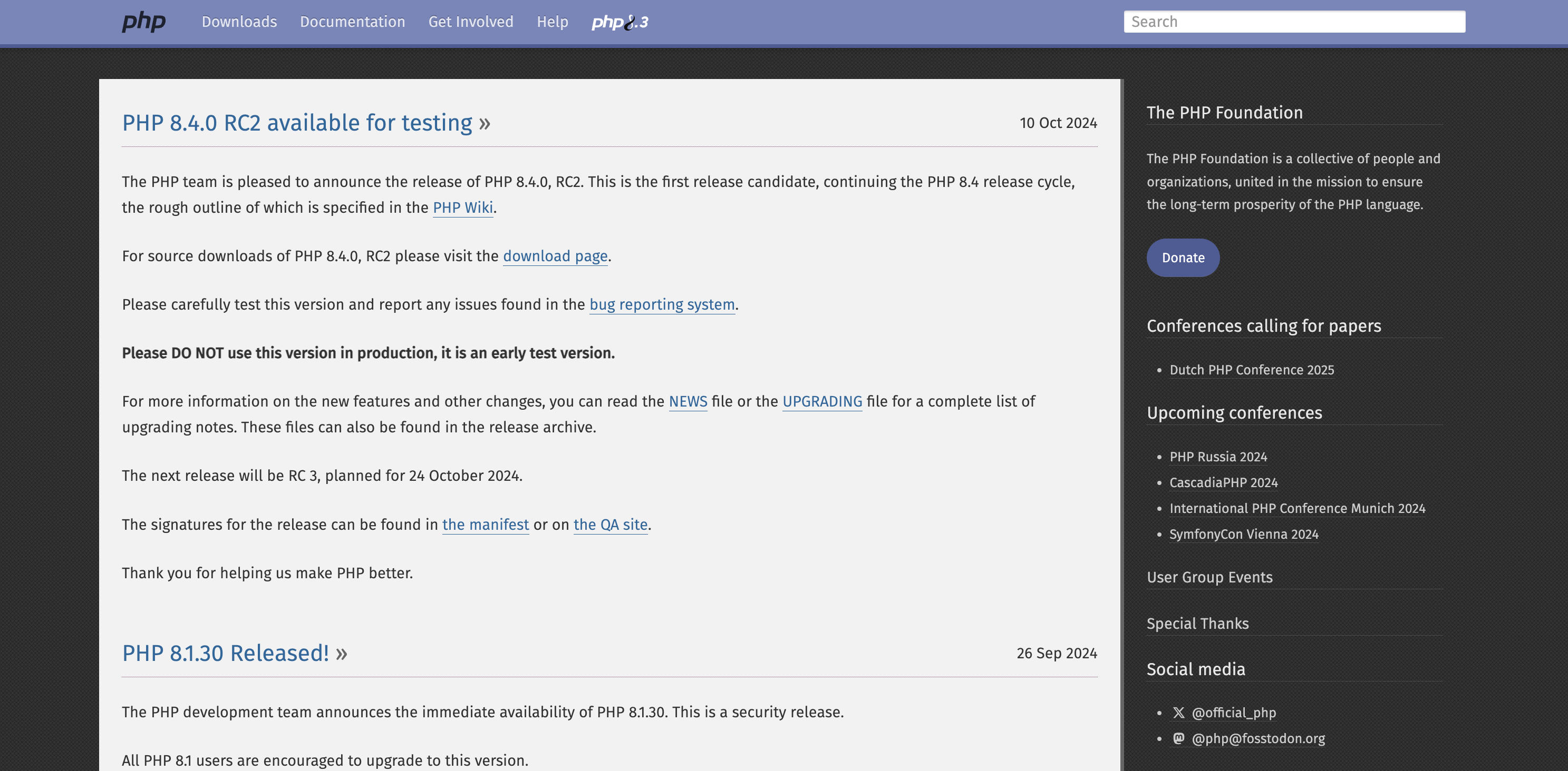 www.php.net home page screenshot