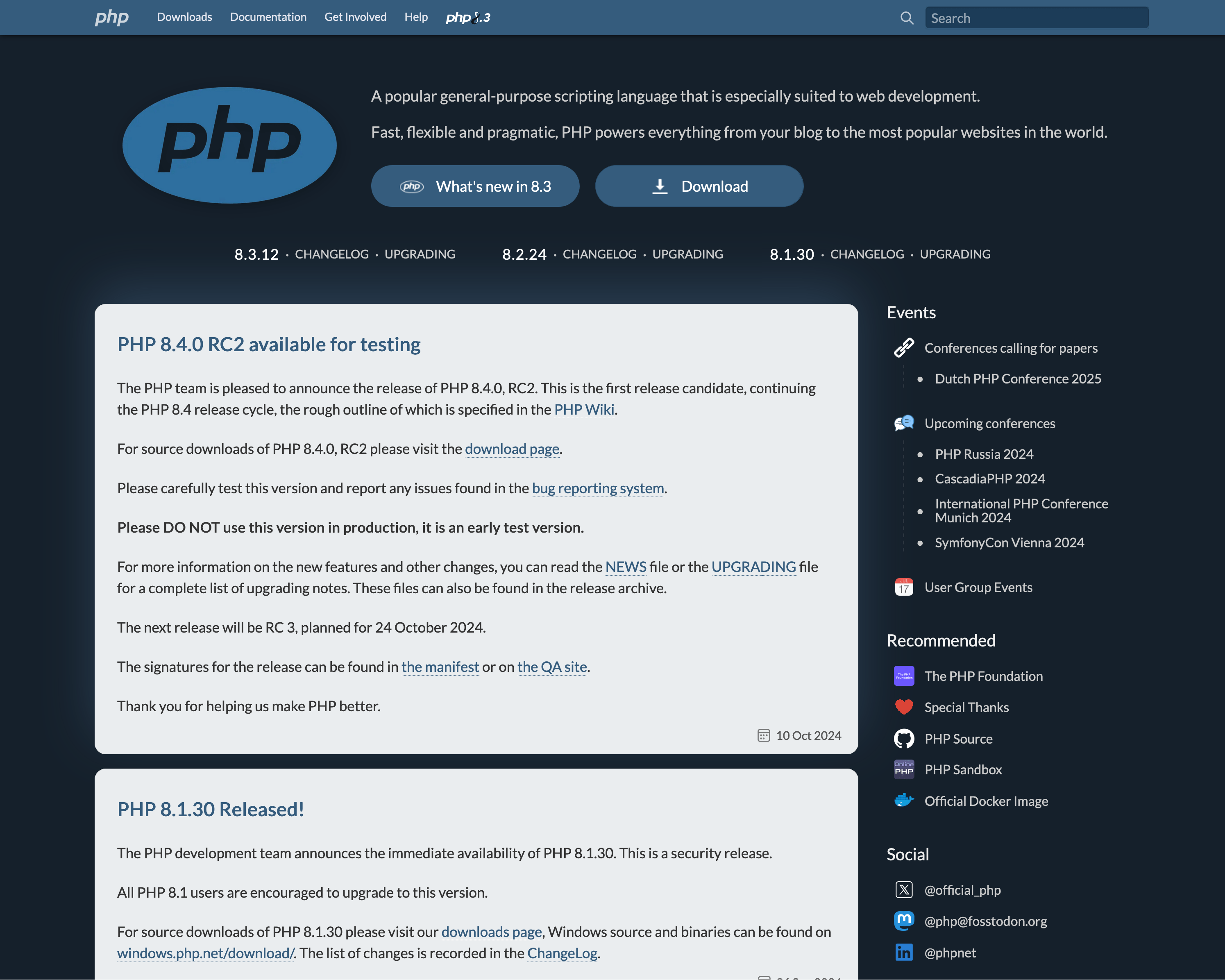 www.php.net home page screenshot with the PHP Revival extension