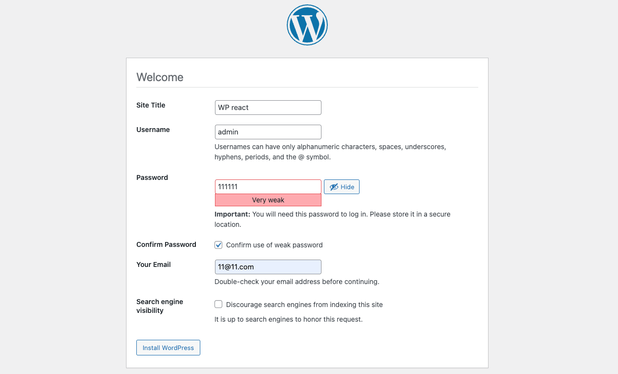 WordPress installation page