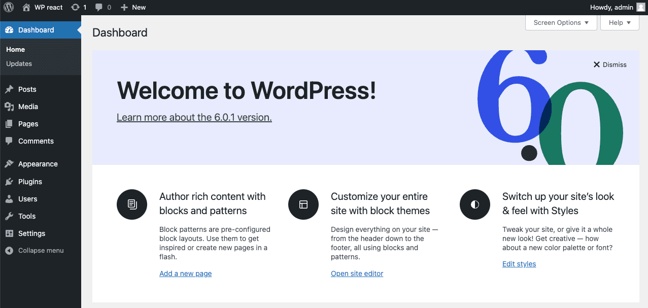 WordPress dashboard
