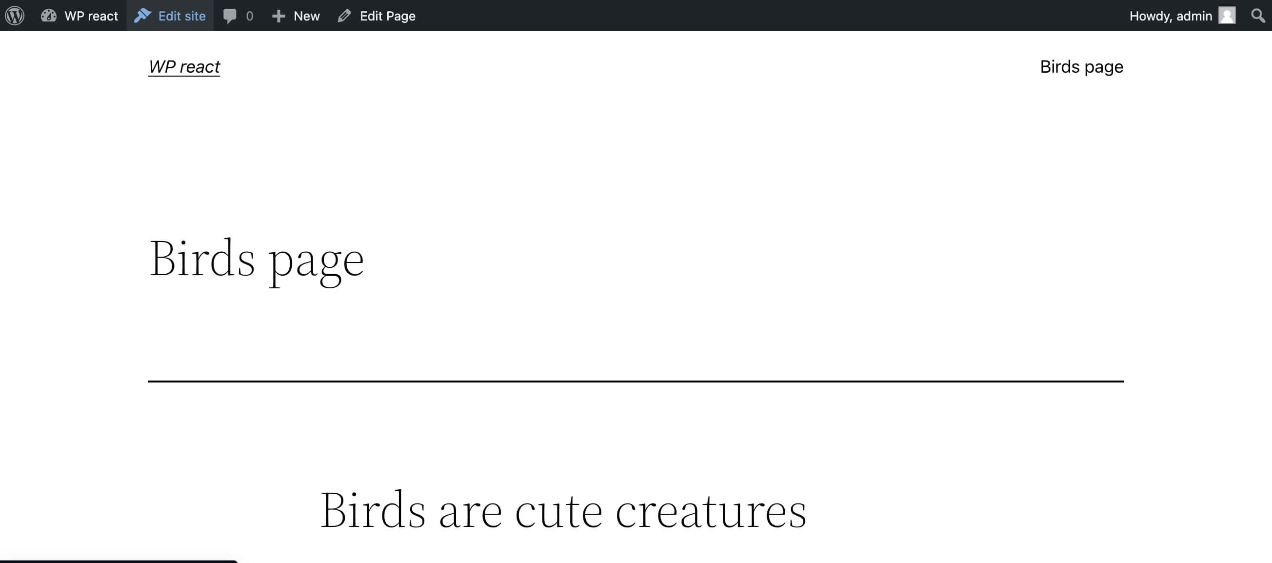 WordPress page with React app