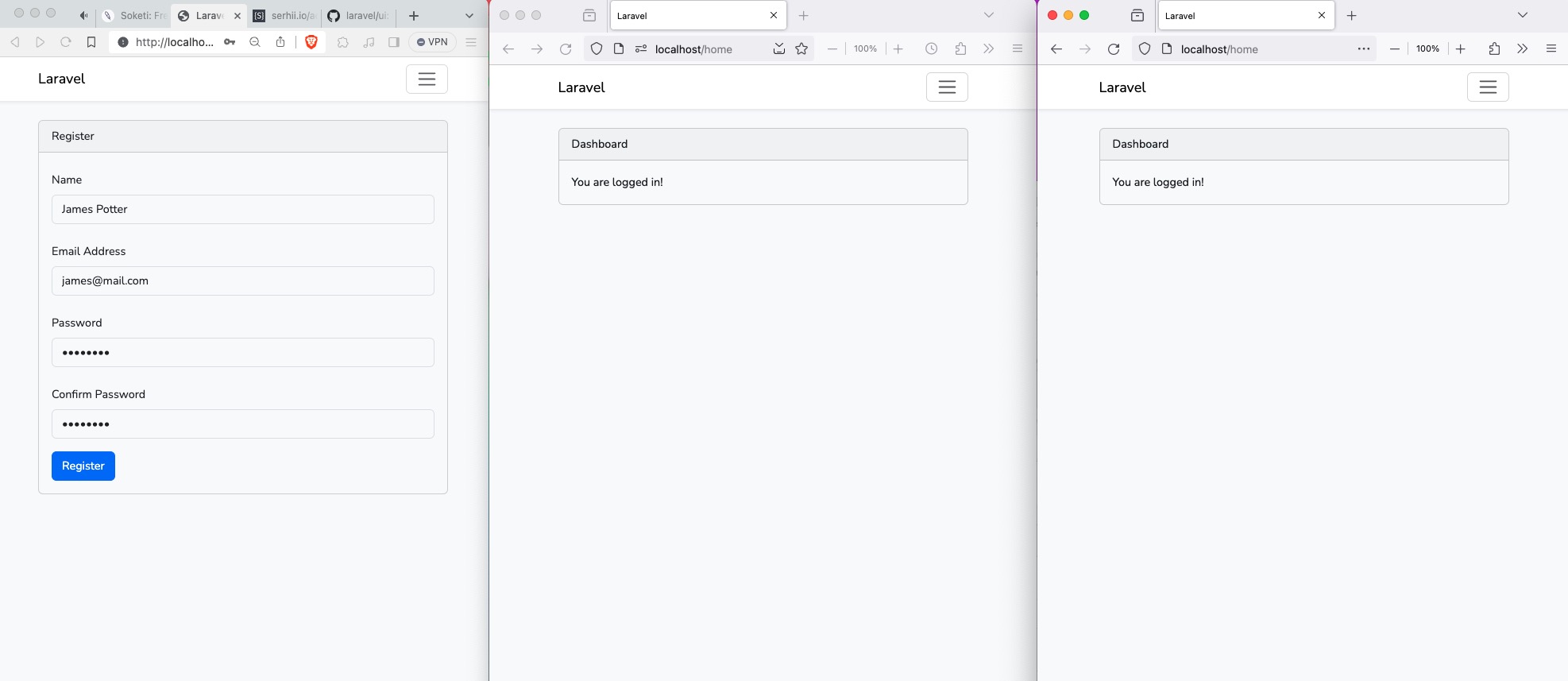 3 browser windows side to sides