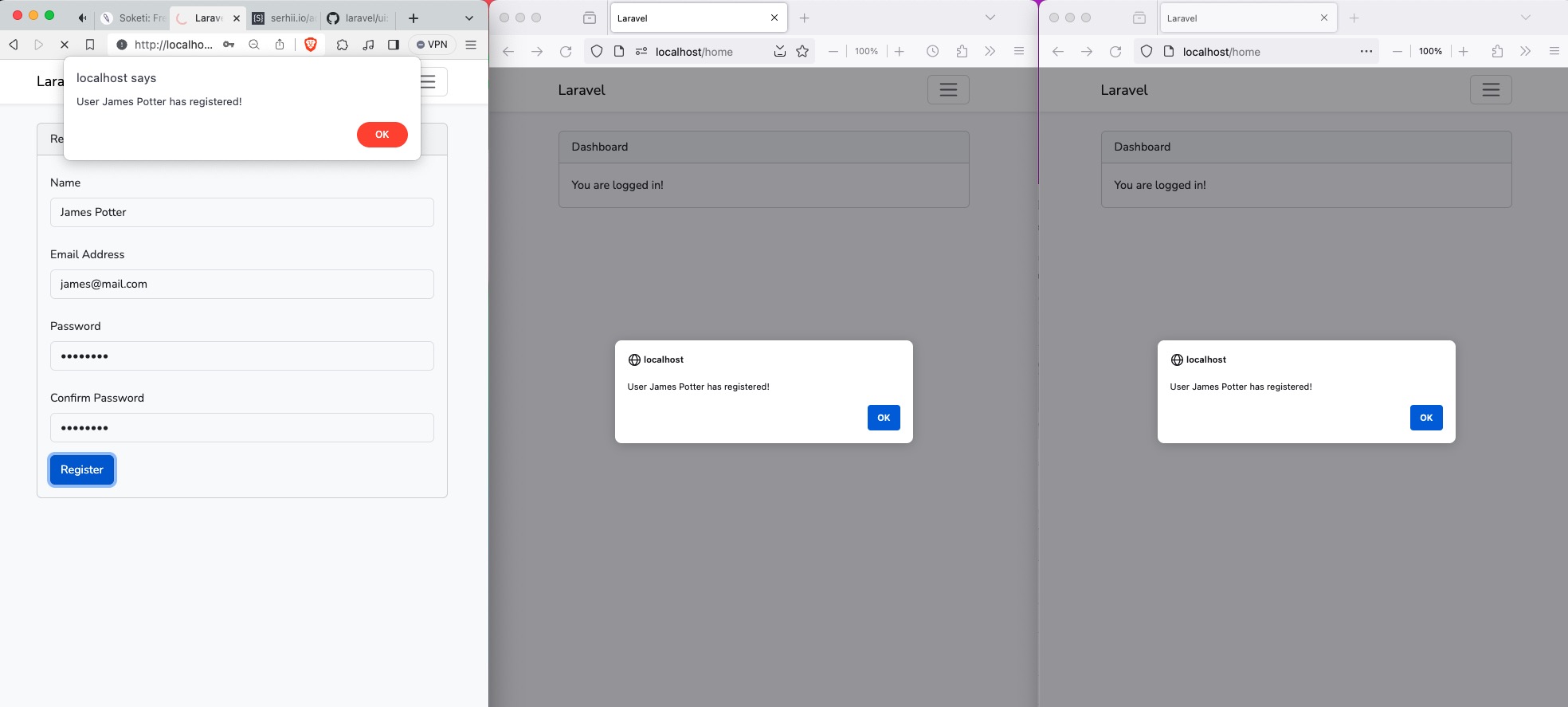 3 browser windows side to sides with javascript alert fired