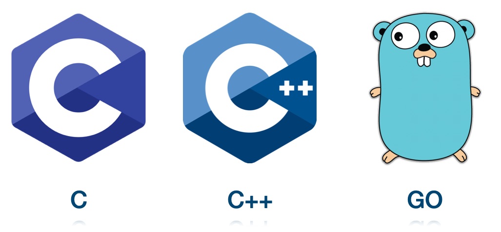 3 logos of programming languages: C, C++ and Go