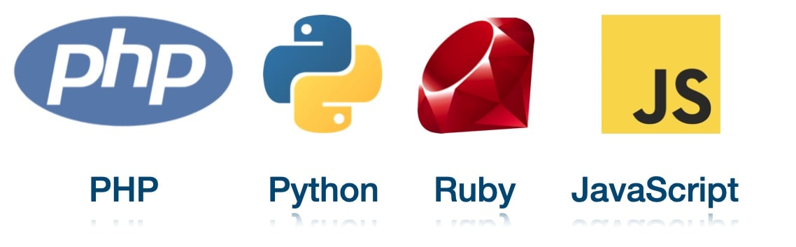 4 logos of programming languages: PHP, Python, Ruby and JavaScript